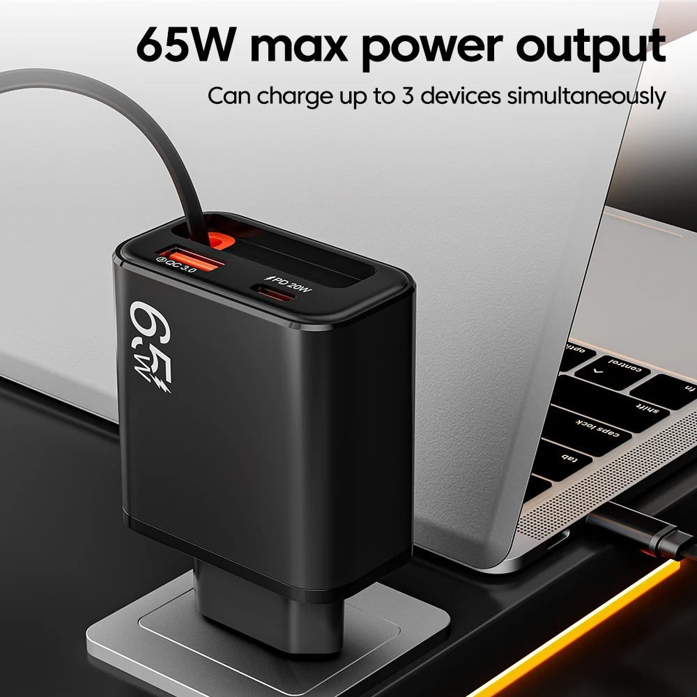 Chargeur 65W Ultra-Rapide, Câble Rétractable