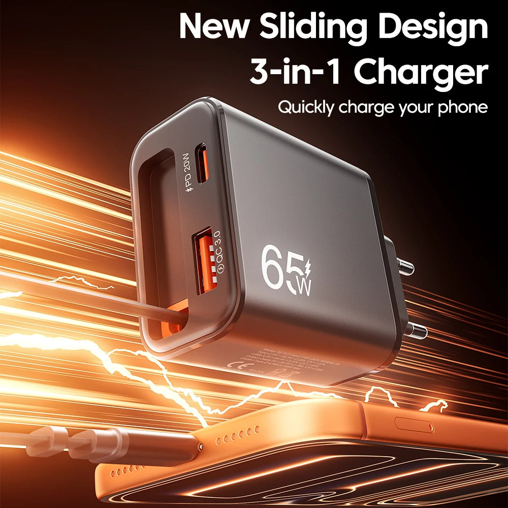 Chargeur 65W Ultra-Rapide, Câble Rétractable
