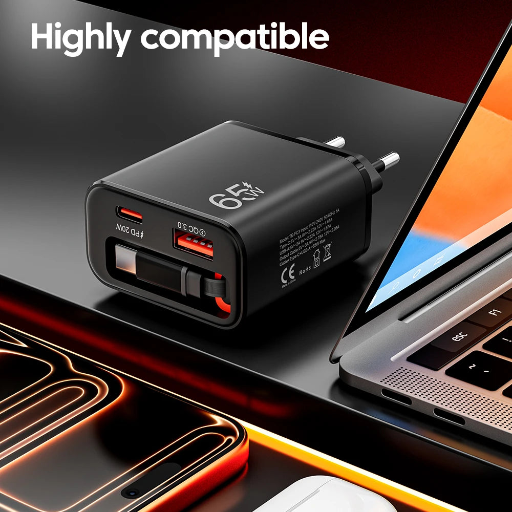 Chargeur 65W Ultra-Rapide, Câble Rétractable