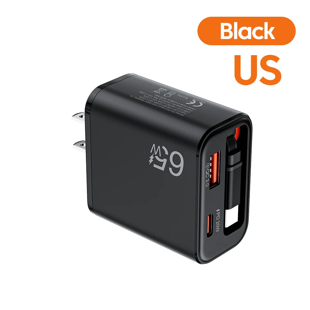 Chargeur 65W Ultra-Rapide, Câble Rétractable