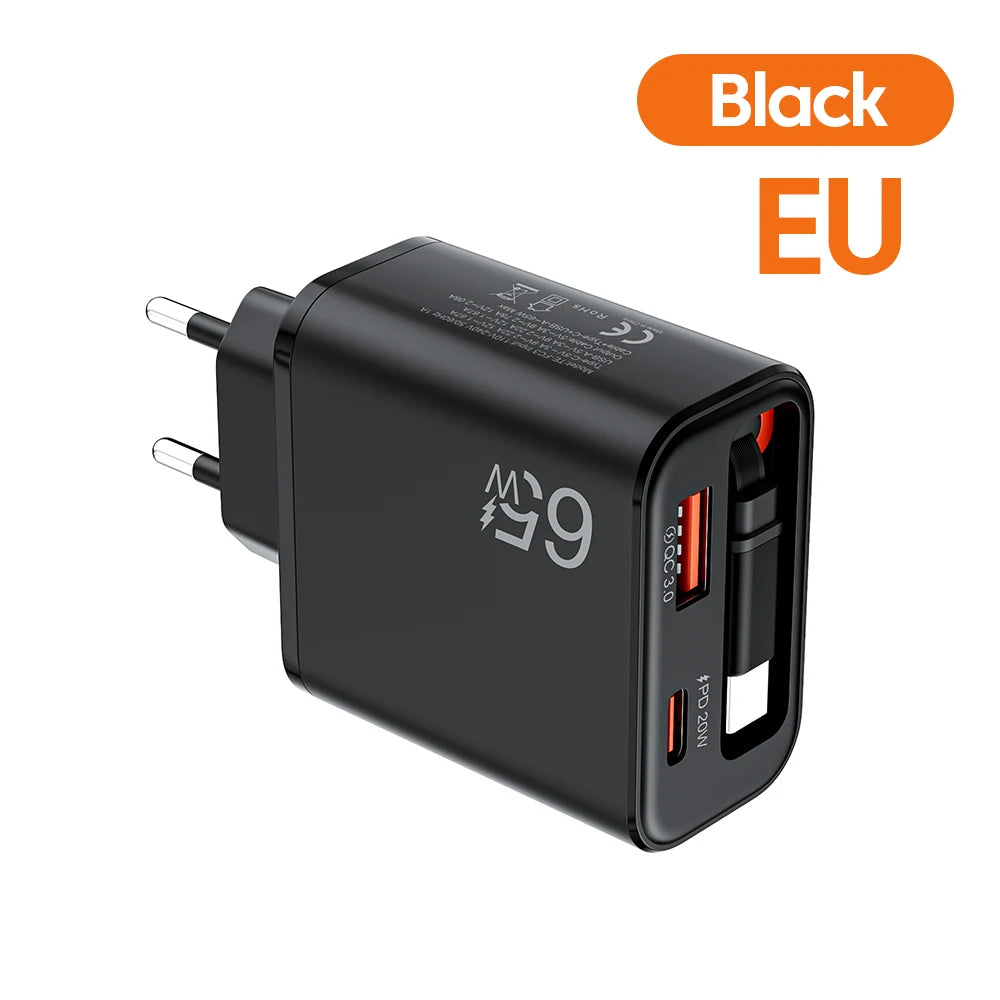 Chargeur 65W Ultra-Rapide, Câble Rétractable