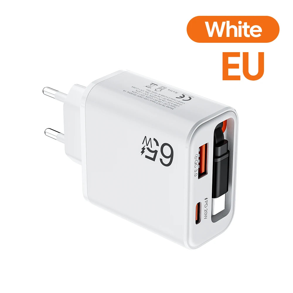 Chargeur 65W Ultra-Rapide, Câble Rétractable