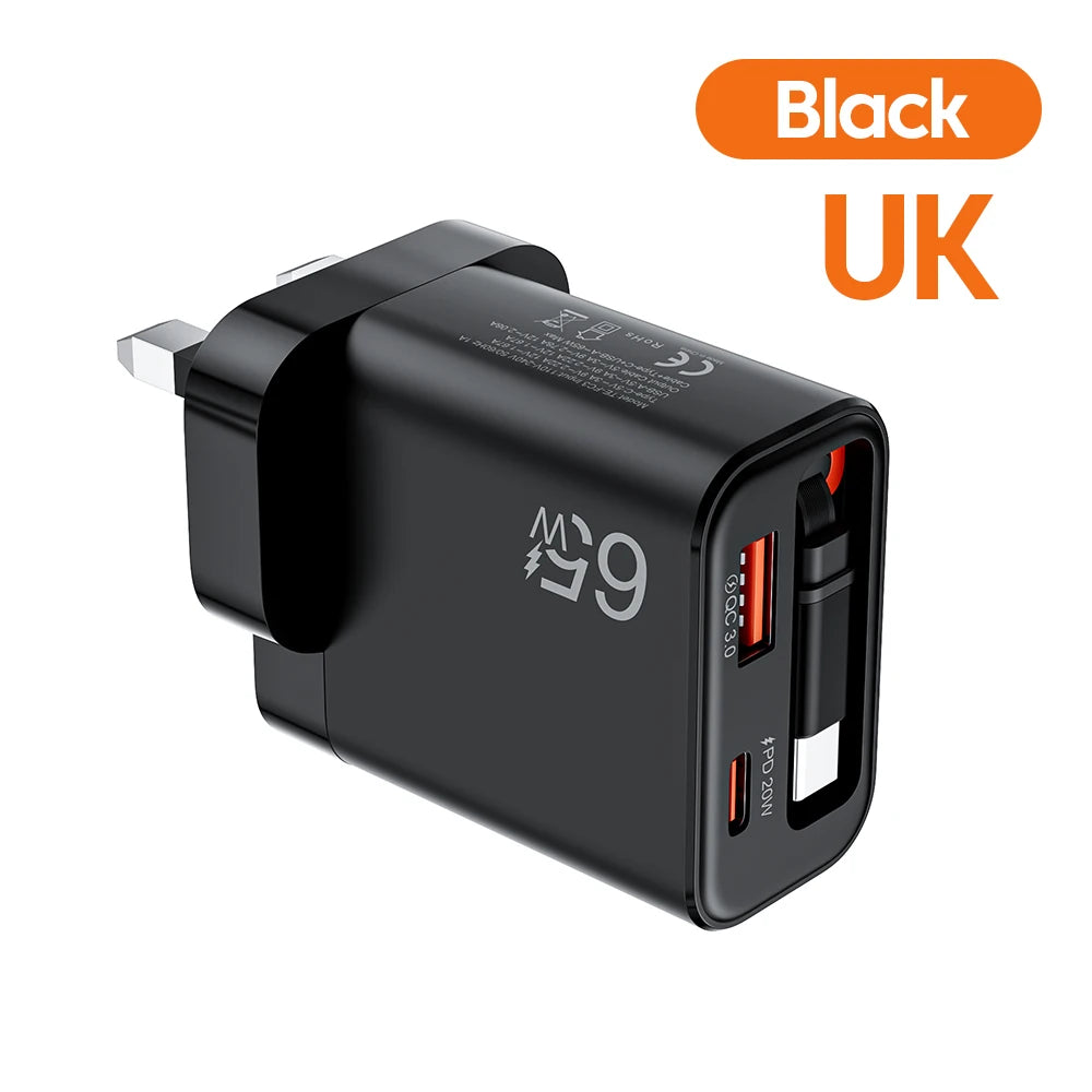 Chargeur 65W Ultra-Rapide, Câble Rétractable