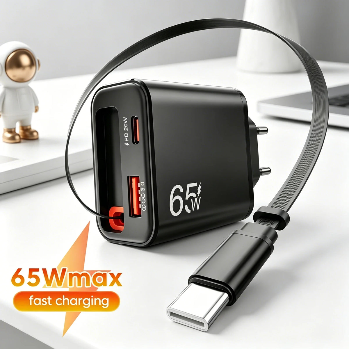 Chargeur 65W Ultra-Rapide, Câble Rétractable